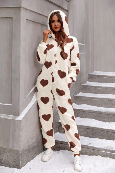 Bona Fide Fashion - Fuzzy Heart Zip Up Hooded Lounge Jumpsuit - Women Fashion - Bona Fide Fashion