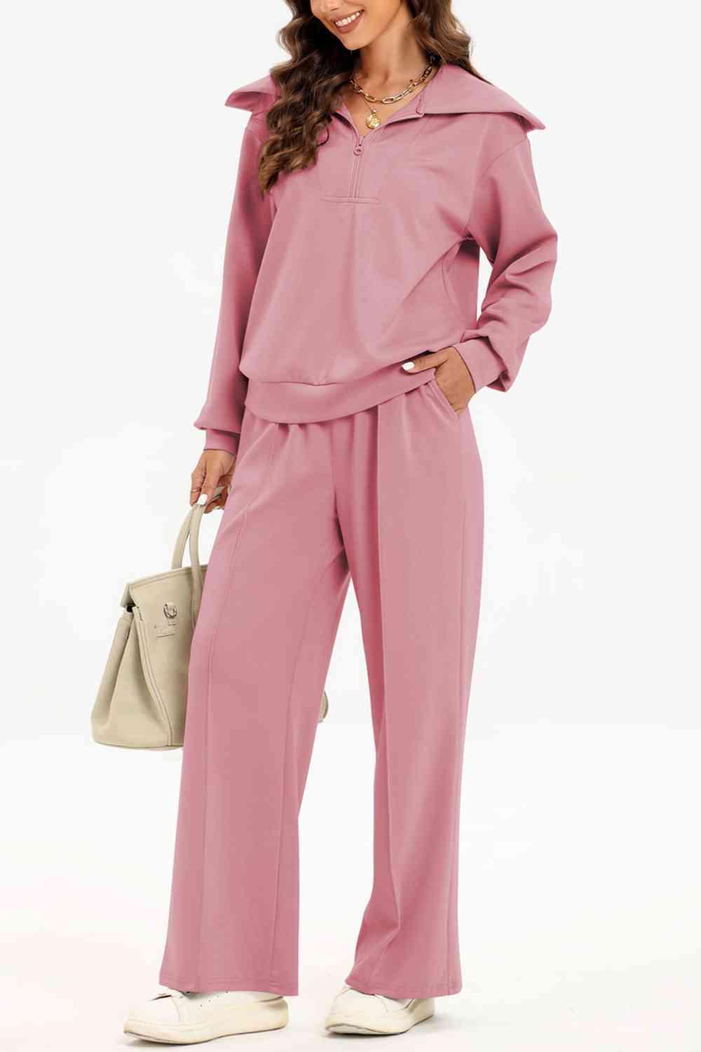 Bona Fide Fashion - Half Zip Collared Neck Sweatshirt and Pants Set - Women Fashion - Bona Fide Fashion