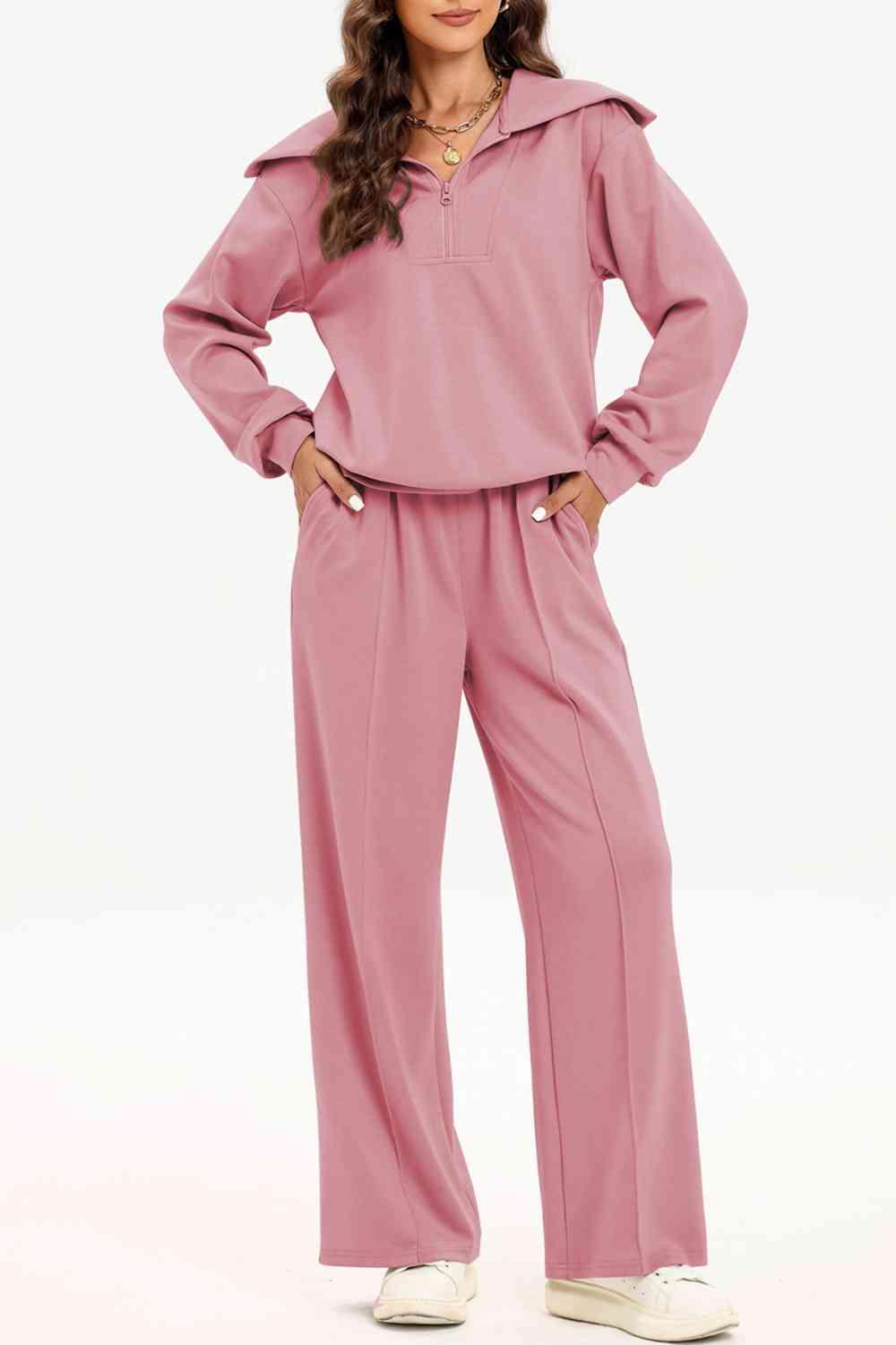 Bona Fide Fashion - Half Zip Collared Neck Sweatshirt and Pants Set - Women Fashion - Bona Fide Fashion