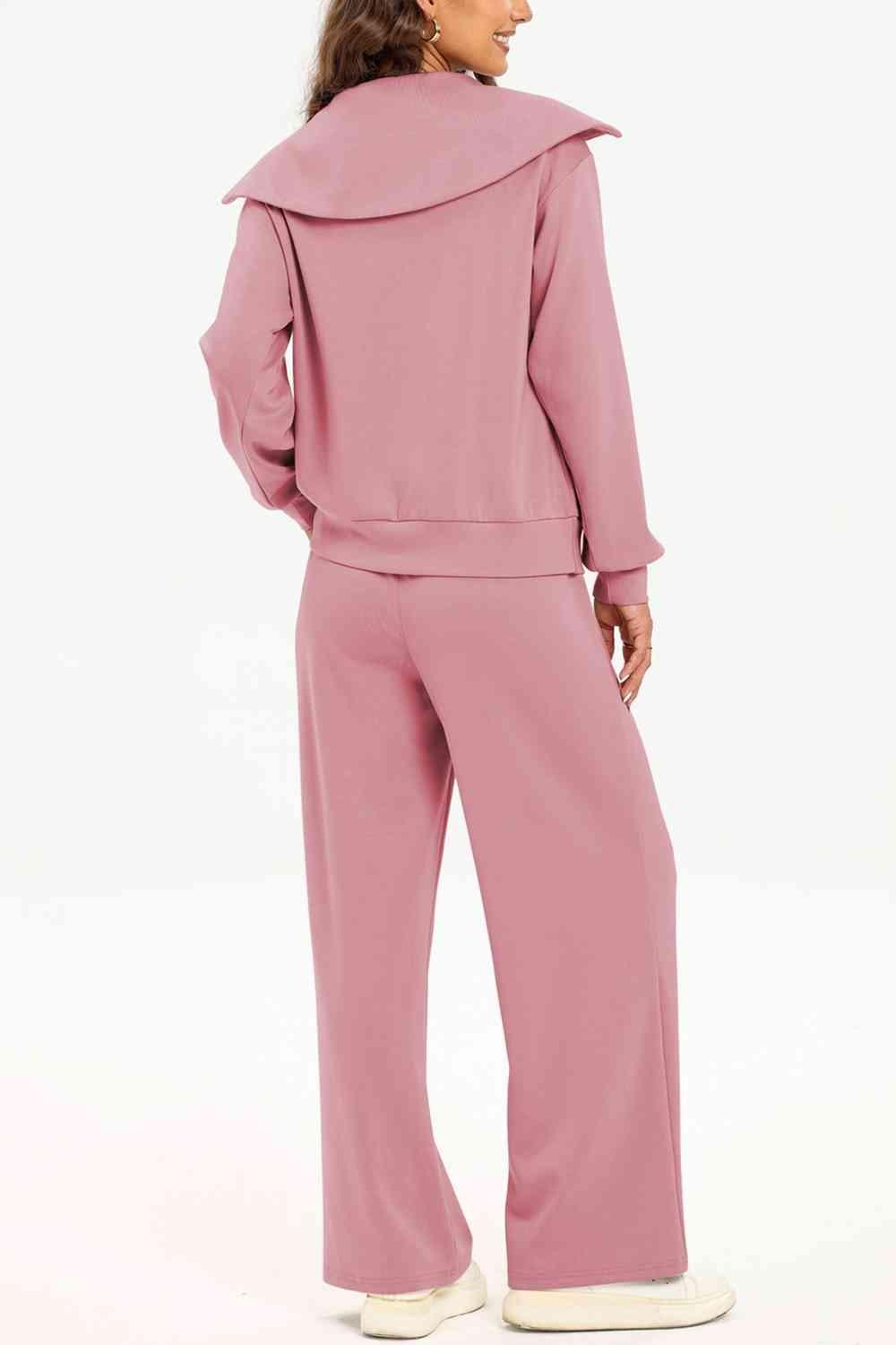 Bona Fide Fashion - Half Zip Collared Neck Sweatshirt and Pants Set - Women Fashion - Bona Fide Fashion