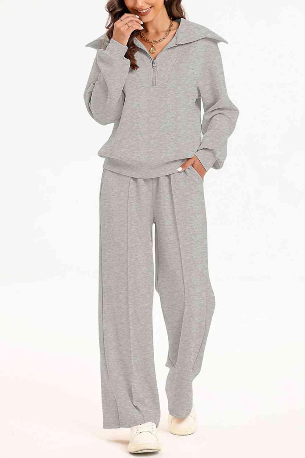 Bona Fide Fashion - Half Zip Collared Neck Sweatshirt and Pants Set - Women Fashion - Bona Fide Fashion