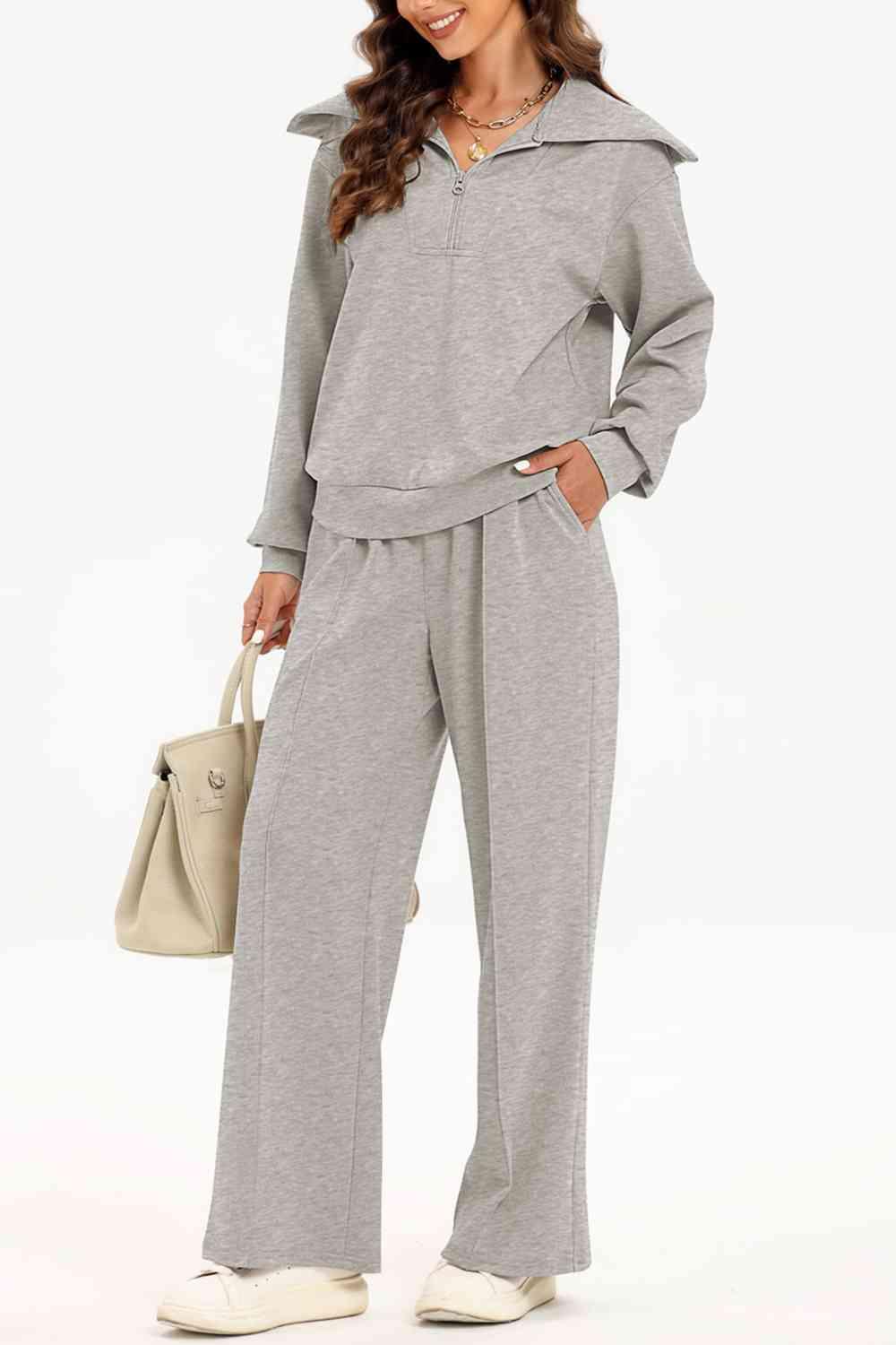 Bona Fide Fashion - Half Zip Collared Neck Sweatshirt and Pants Set - Women Fashion - Bona Fide Fashion