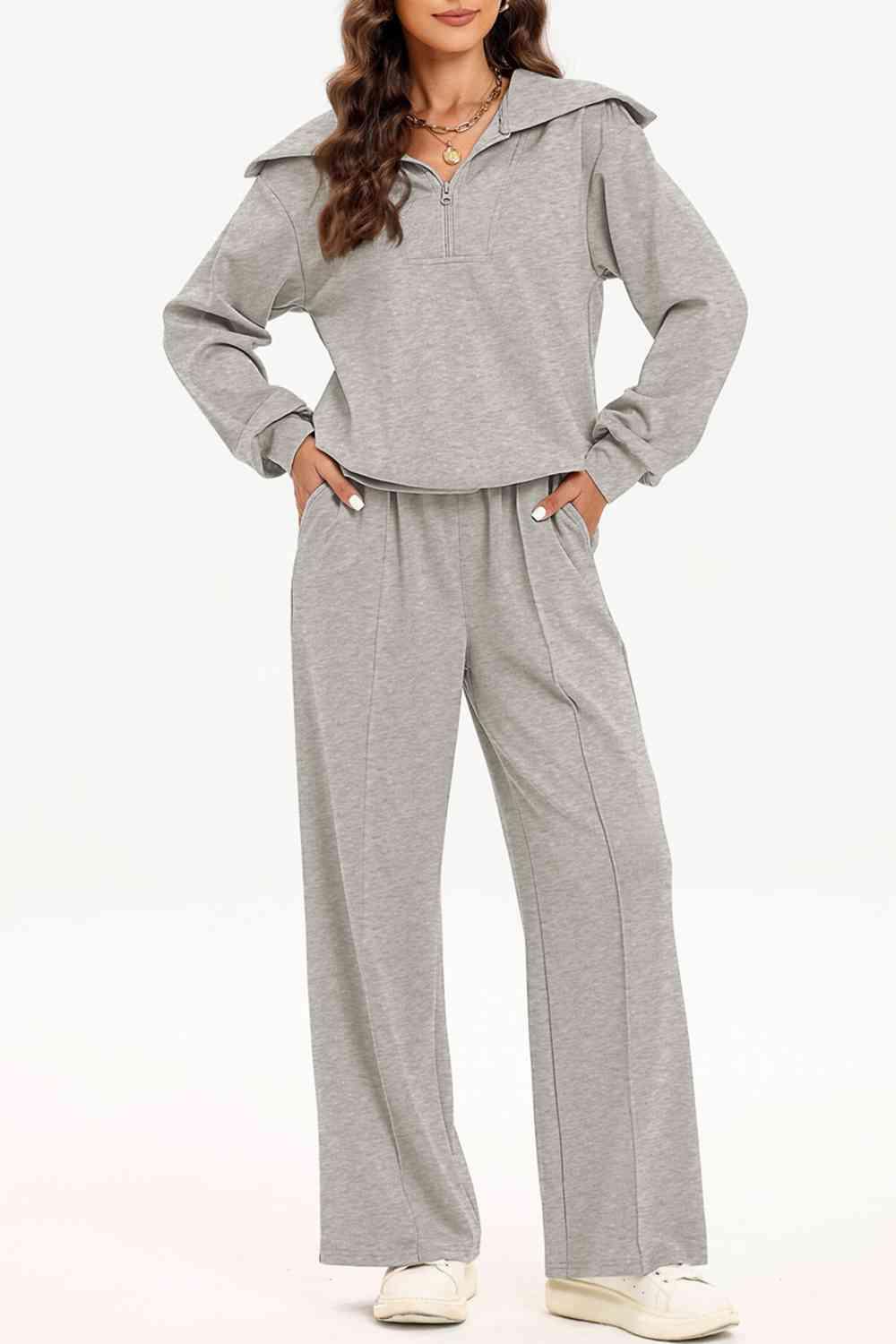 Bona Fide Fashion - Half Zip Collared Neck Sweatshirt and Pants Set - Women Fashion - Bona Fide Fashion