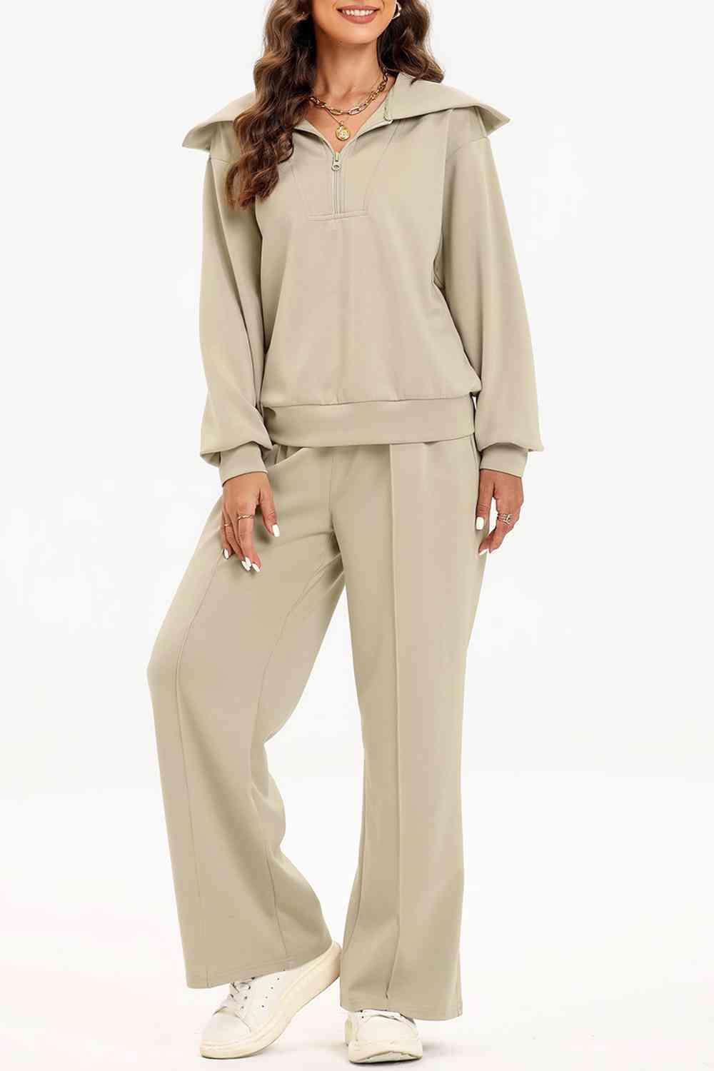 Bona Fide Fashion - Half Zip Collared Neck Sweatshirt and Pants Set - Women Fashion - Bona Fide Fashion