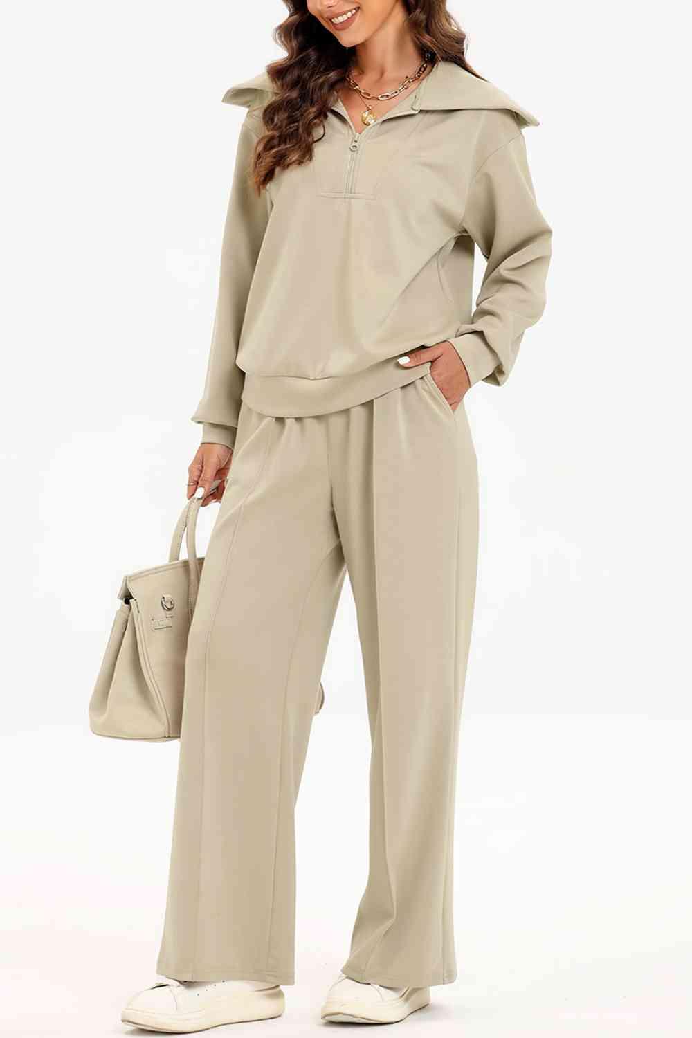 Bona Fide Fashion - Half Zip Collared Neck Sweatshirt and Pants Set - Women Fashion - Bona Fide Fashion