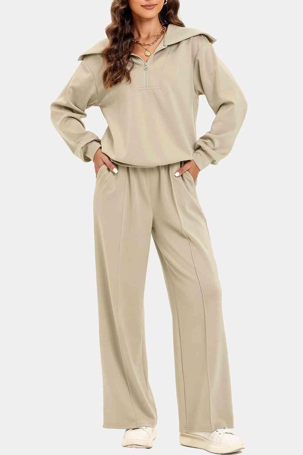 Bona Fide Fashion - Half Zip Collared Neck Sweatshirt and Pants Set - Women Fashion - Bona Fide Fashion