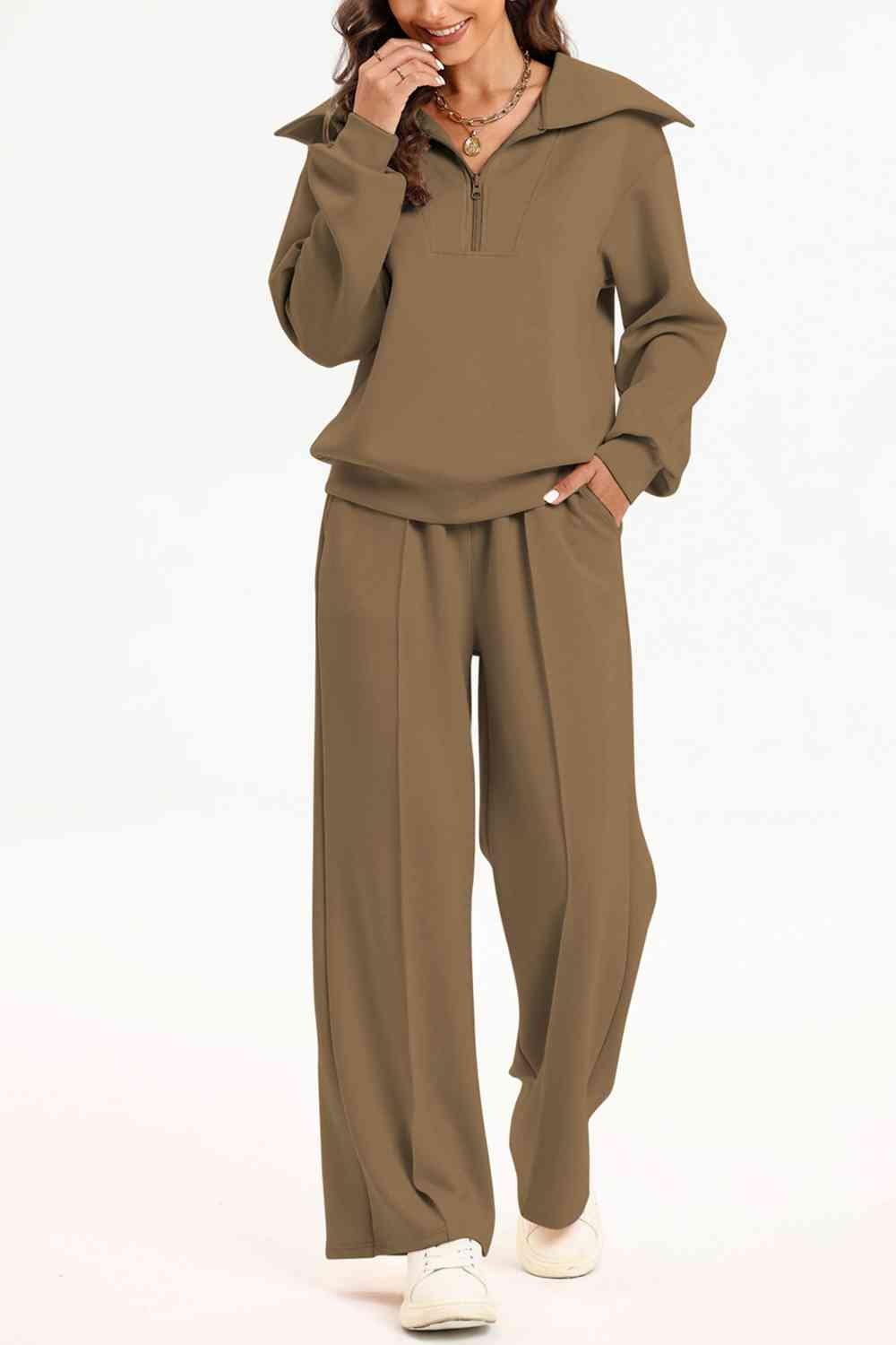 Bona Fide Fashion - Half Zip Collared Neck Sweatshirt and Pants Set - Women Fashion - Bona Fide Fashion