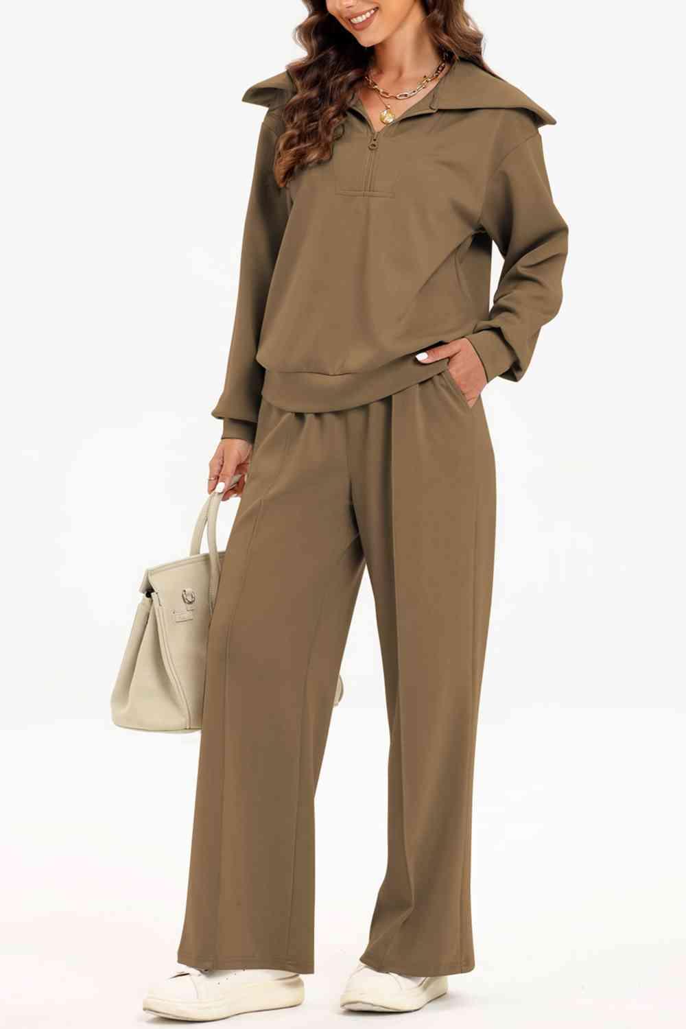 Bona Fide Fashion - Half Zip Collared Neck Sweatshirt and Pants Set - Women Fashion - Bona Fide Fashion