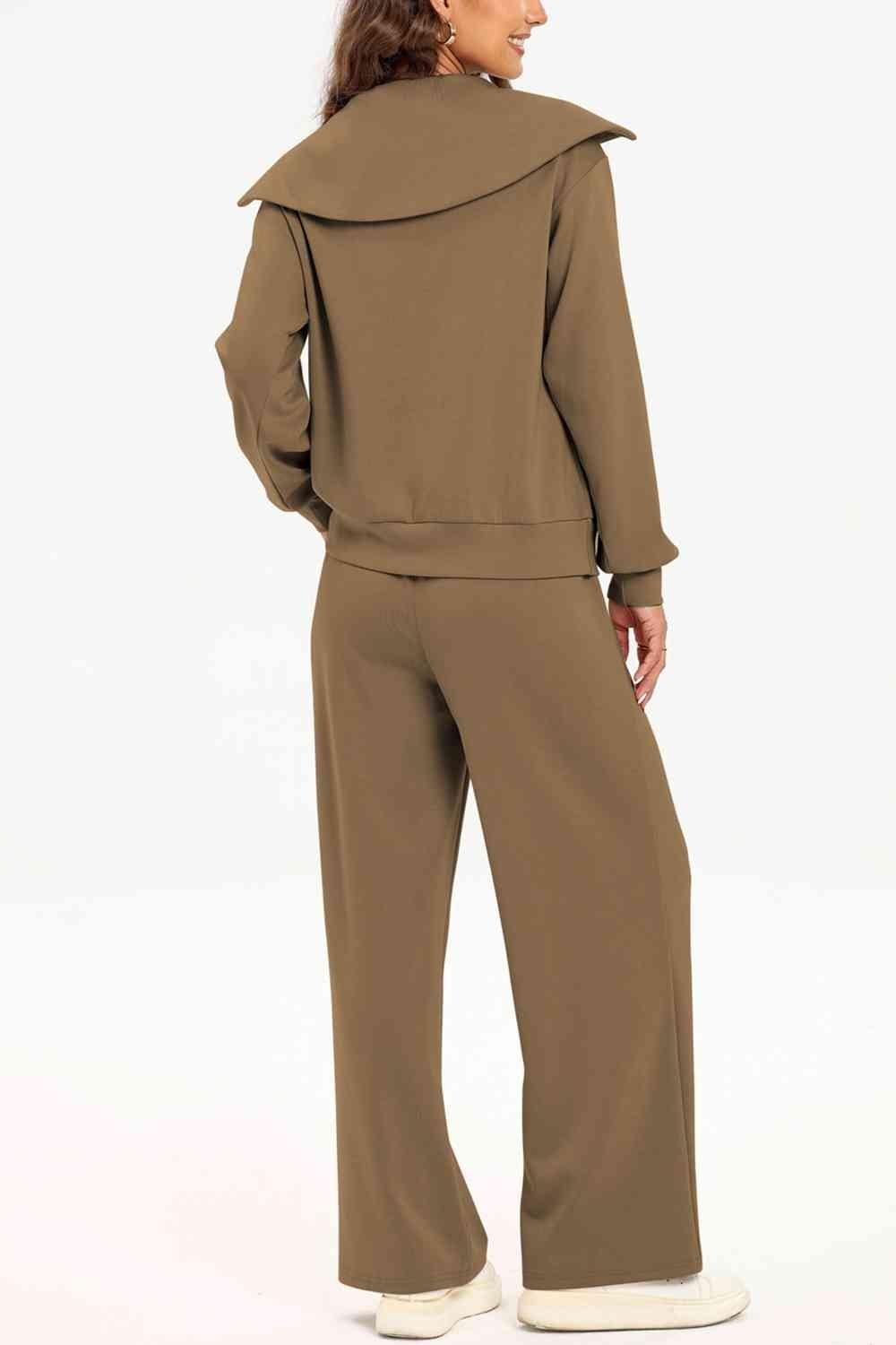 Bona Fide Fashion - Half Zip Collared Neck Sweatshirt and Pants Set - Women Fashion - Bona Fide Fashion