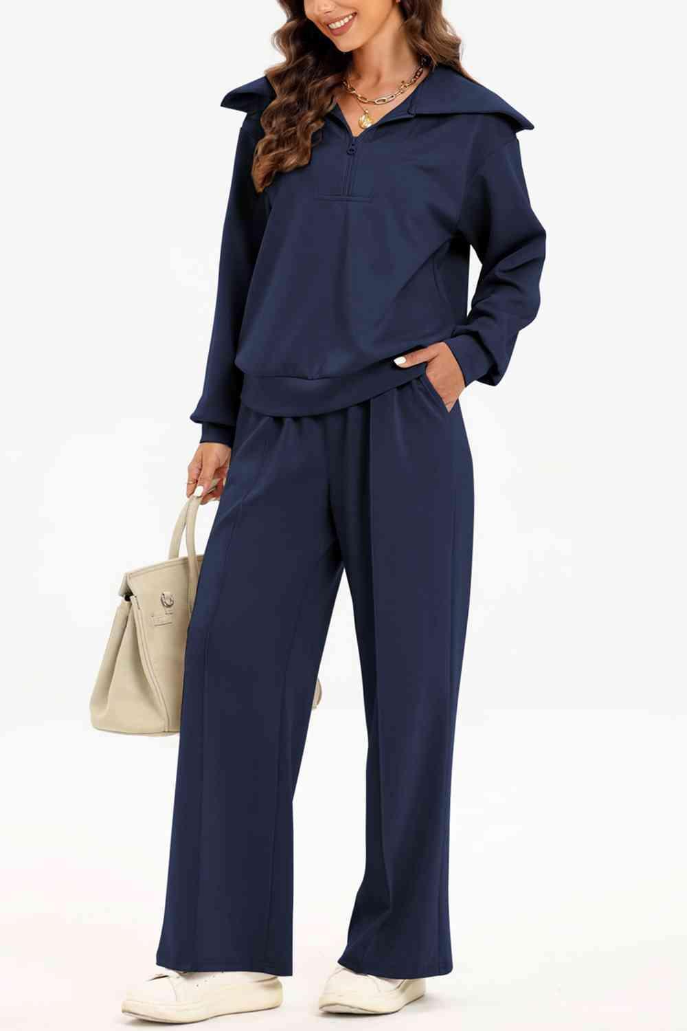 Bona Fide Fashion - Half Zip Collared Neck Sweatshirt and Pants Set - Women Fashion - Bona Fide Fashion