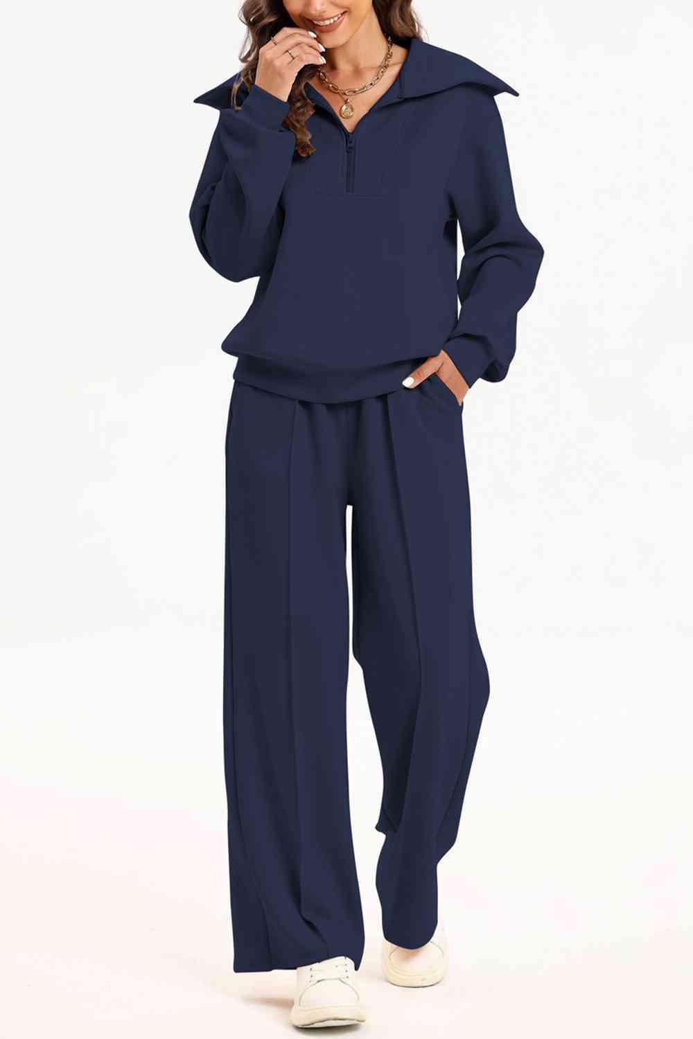 Bona Fide Fashion - Half Zip Collared Neck Sweatshirt and Pants Set - Women Fashion - Bona Fide Fashion