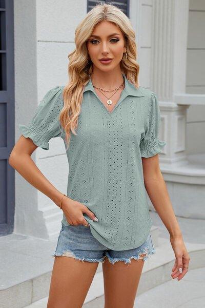 Bona Fide Fashion - Johnny Collar Short Sleeve Blouse - Women Fashion - Bona Fide Fashion