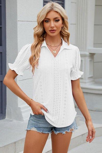 Bona Fide Fashion - Johnny Collar Short Sleeve Blouse - Women Fashion - Bona Fide Fashion