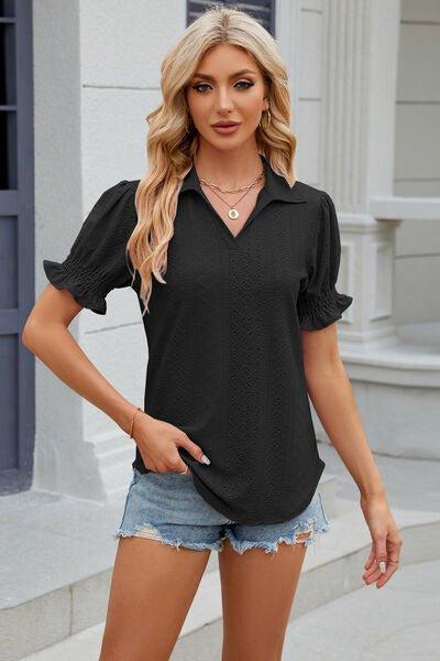 Bona Fide Fashion - Johnny Collar Short Sleeve Blouse - Women Fashion - Bona Fide Fashion