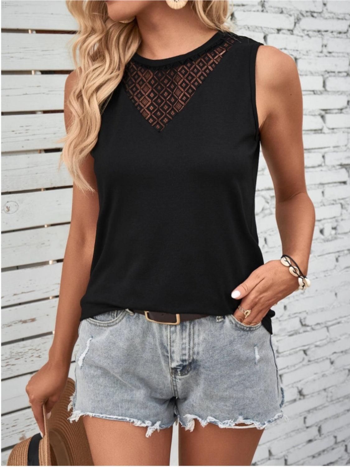 Bona Fide Fashion - Lace Detail Round Neck Tank - Women Fashion - Bona Fide Fashion