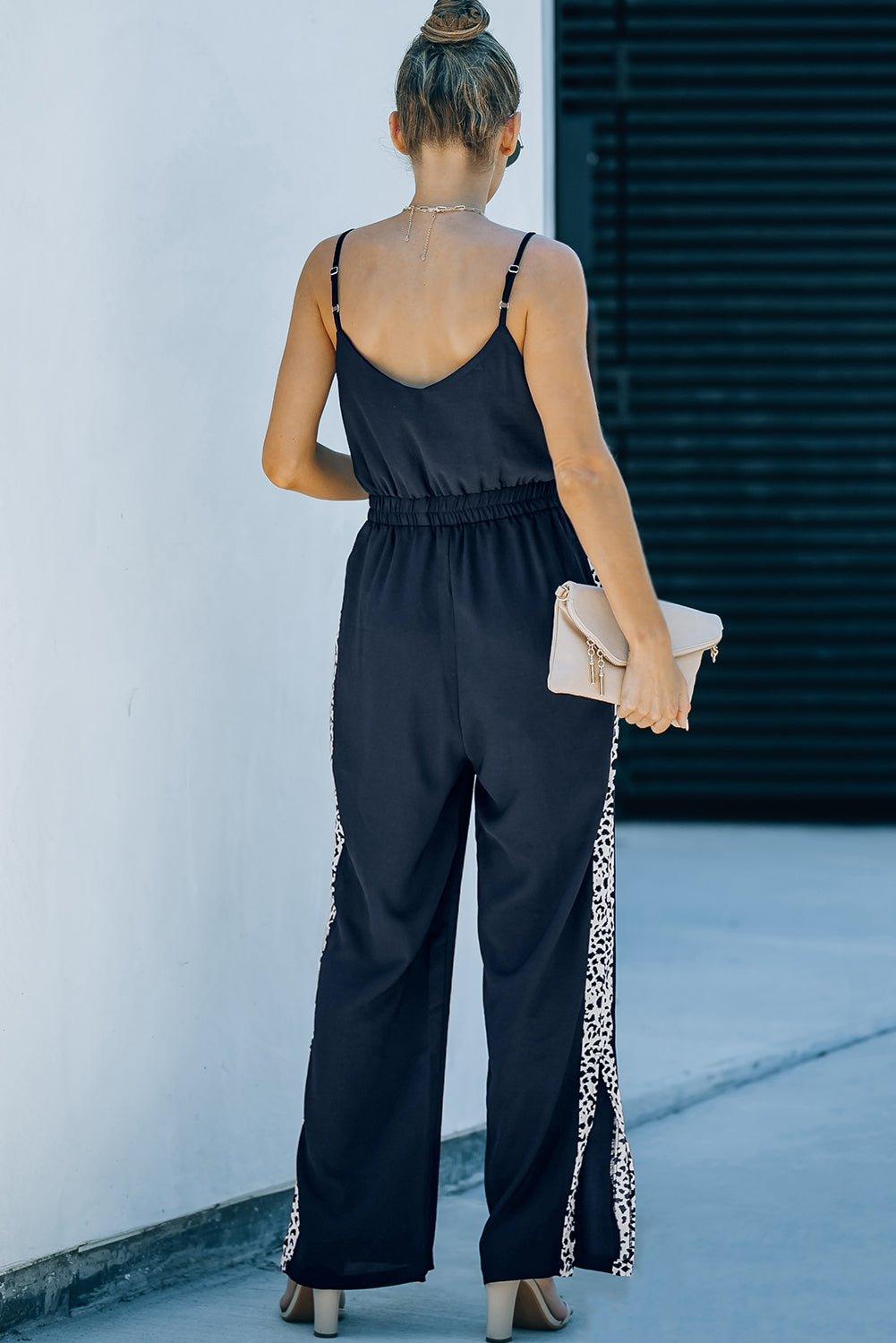 Bona Fide Fashion - Leopard Contrast Spaghetti Strap Wide Leg Jumpsuit - Women Fashion - Bona Fide Fashion