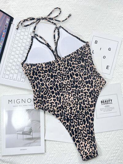 Bona Fide Fashion - Leopard Cutout Halter Neck One-Piece Swimwear - Women Fashion - Bona Fide Fashion