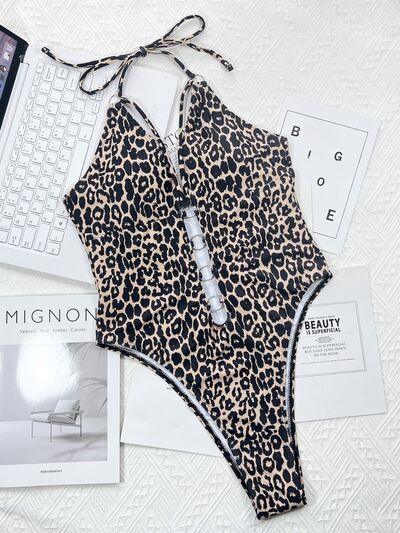 Bona Fide Fashion - Leopard Cutout Halter Neck One-Piece Swimwear - Women Fashion - Bona Fide Fashion