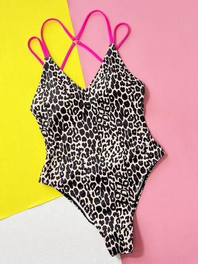 Bona Fide Fashion - Leopard Plunge Spaghetti Strap One-Piece Swimwear - Women Fashion - Bona Fide Fashion