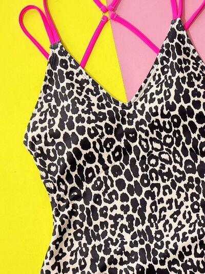 Bona Fide Fashion - Leopard Plunge Spaghetti Strap One-Piece Swimwear - Women Fashion - Bona Fide Fashion
