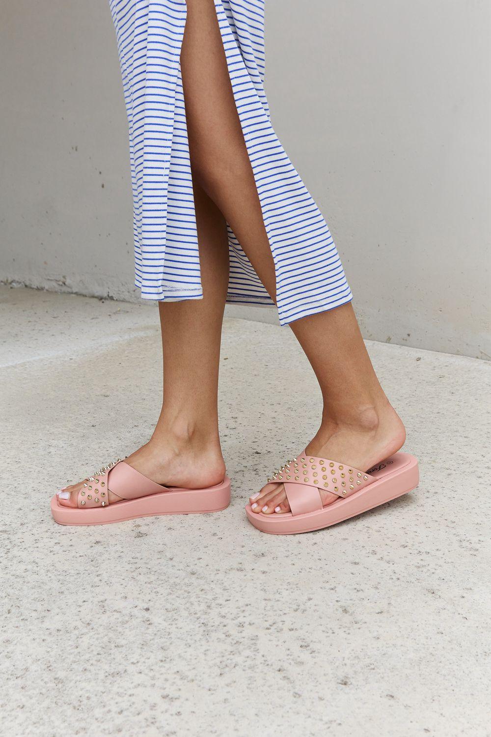 Bona Fide Fashion - Link Studded Cross Strap Sandals in Blush - Women Fashion - Bona Fide Fashion