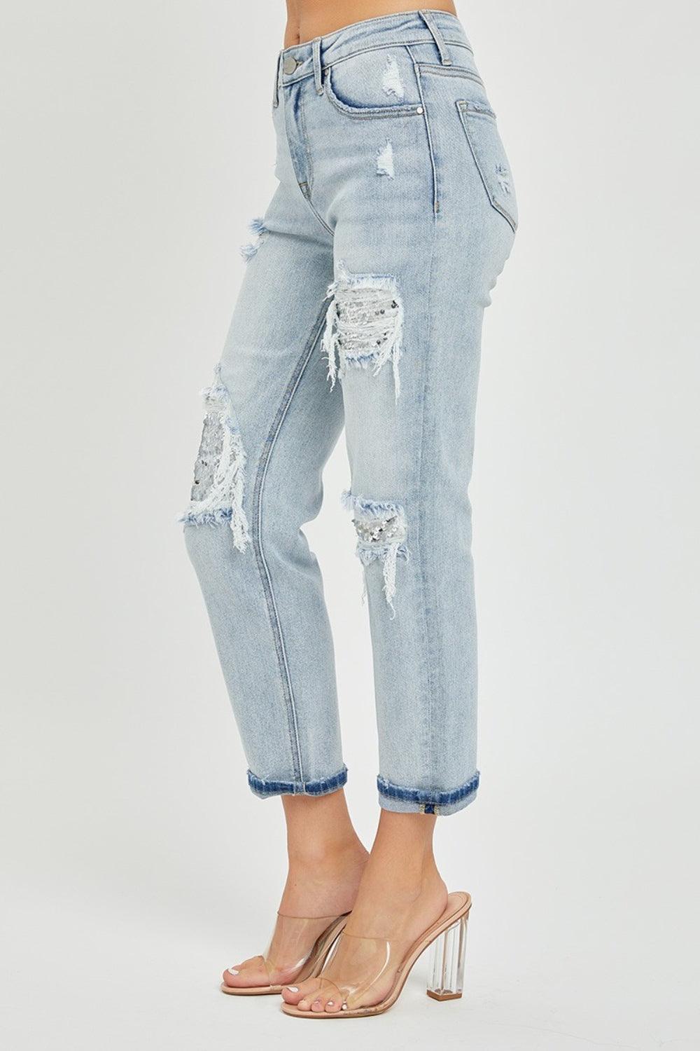 Bona Fide Fashion - Mid-Rise Sequin Patched Jeans - Women Fashion - Bona Fide Fashion