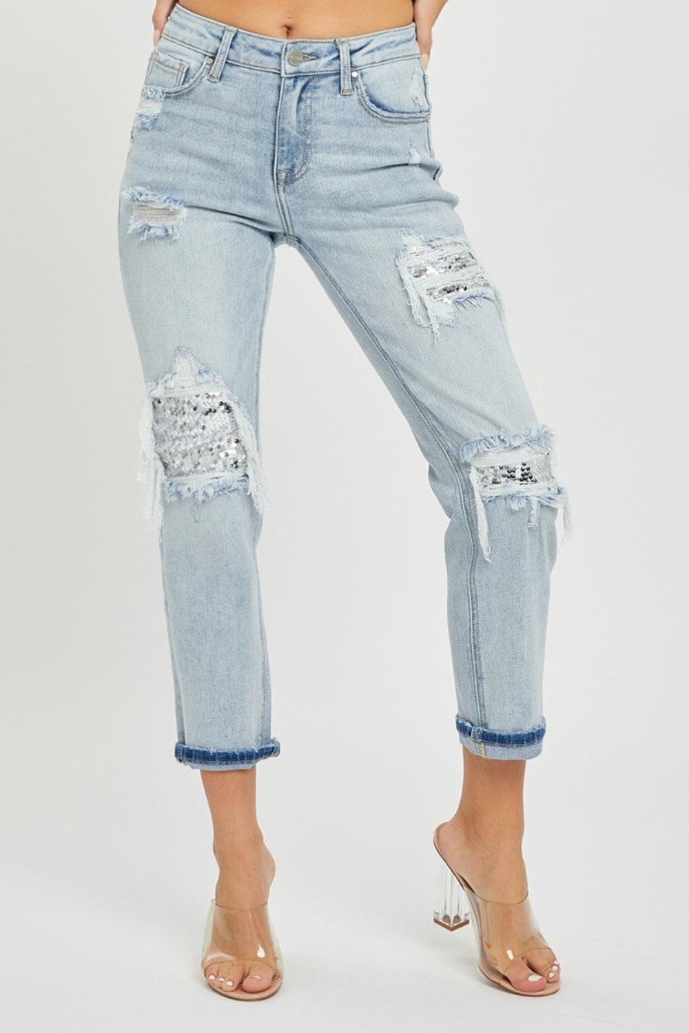 Bona Fide Fashion - Mid-Rise Sequin Patched Jeans - Women Fashion - Bona Fide Fashion
