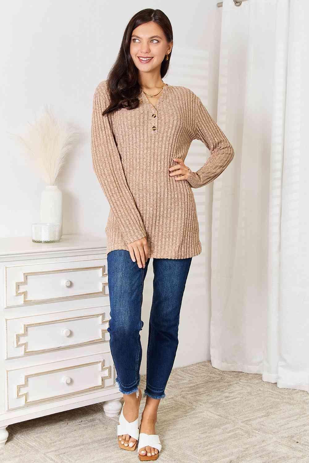 Bona Fide Fashion - Notched Neck Ribbed Long Sleeve T-Shirt - Women Fashion - Bona Fide Fashion