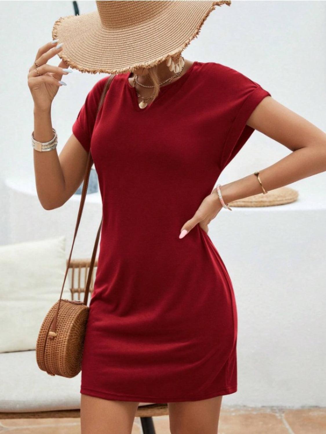 Bona Fide Fashion - Notched Short Sleeve Mini Tee Dress - Women Fashion - Bona Fide Fashion