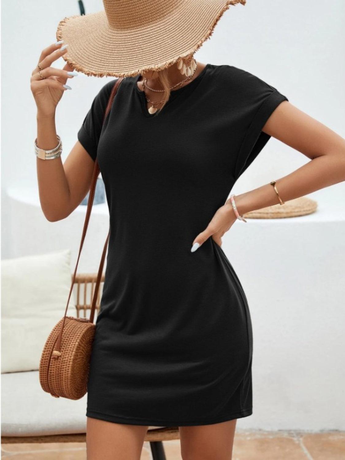 Bona Fide Fashion - Notched Short Sleeve Mini Tee Dress - Women Fashion - Bona Fide Fashion