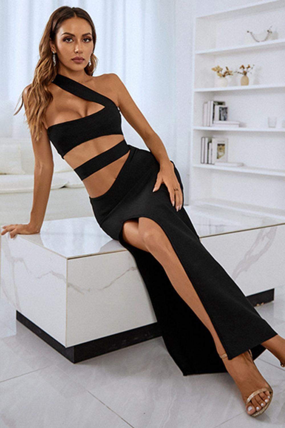 Bona Fide Fashion - One-Shoulder Cutout Front Split Maxi Dress - Women Fashion - Bona Fide Fashion