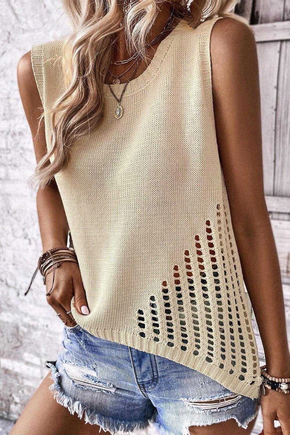 Bona Fide Fashion - Openwork Round Neck Knit Vest - Women Fashion - Bona Fide Fashion