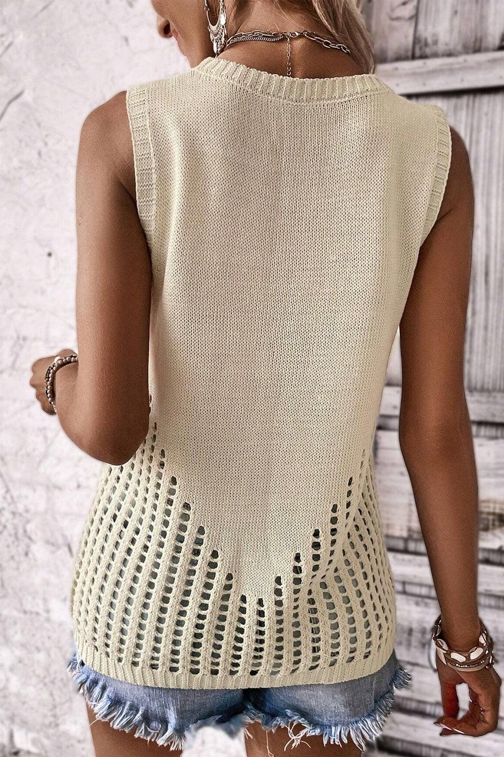 Bona Fide Fashion - Openwork Round Neck Knit Vest - Women Fashion - Bona Fide Fashion