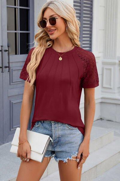 Bona Fide Fashion - Openwork Round Neck Short Sleeve T-Shirt - Women Fashion - Bona Fide Fashion