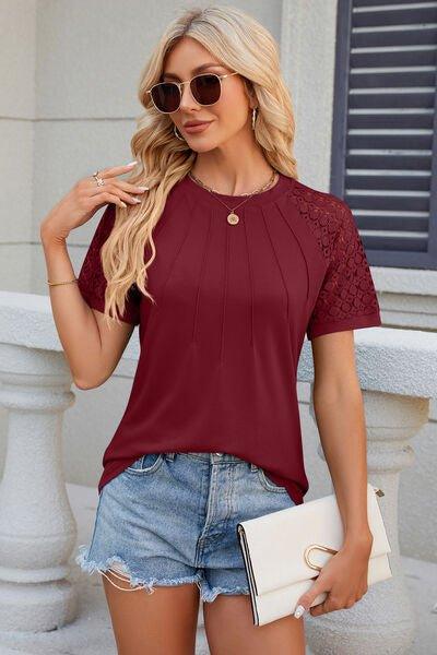 Bona Fide Fashion - Openwork Round Neck Short Sleeve T-Shirt - Women Fashion - Bona Fide Fashion