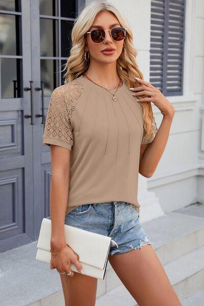 Bona Fide Fashion - Openwork Round Neck Short Sleeve T-Shirt - Women Fashion - Bona Fide Fashion