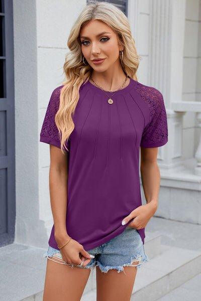 Bona Fide Fashion - Openwork Round Neck Short Sleeve T-Shirt - Women Fashion - Bona Fide Fashion