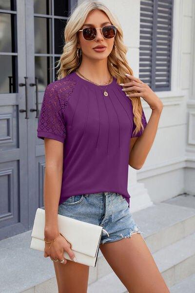 Bona Fide Fashion - Openwork Round Neck Short Sleeve T-Shirt - Women Fashion - Bona Fide Fashion