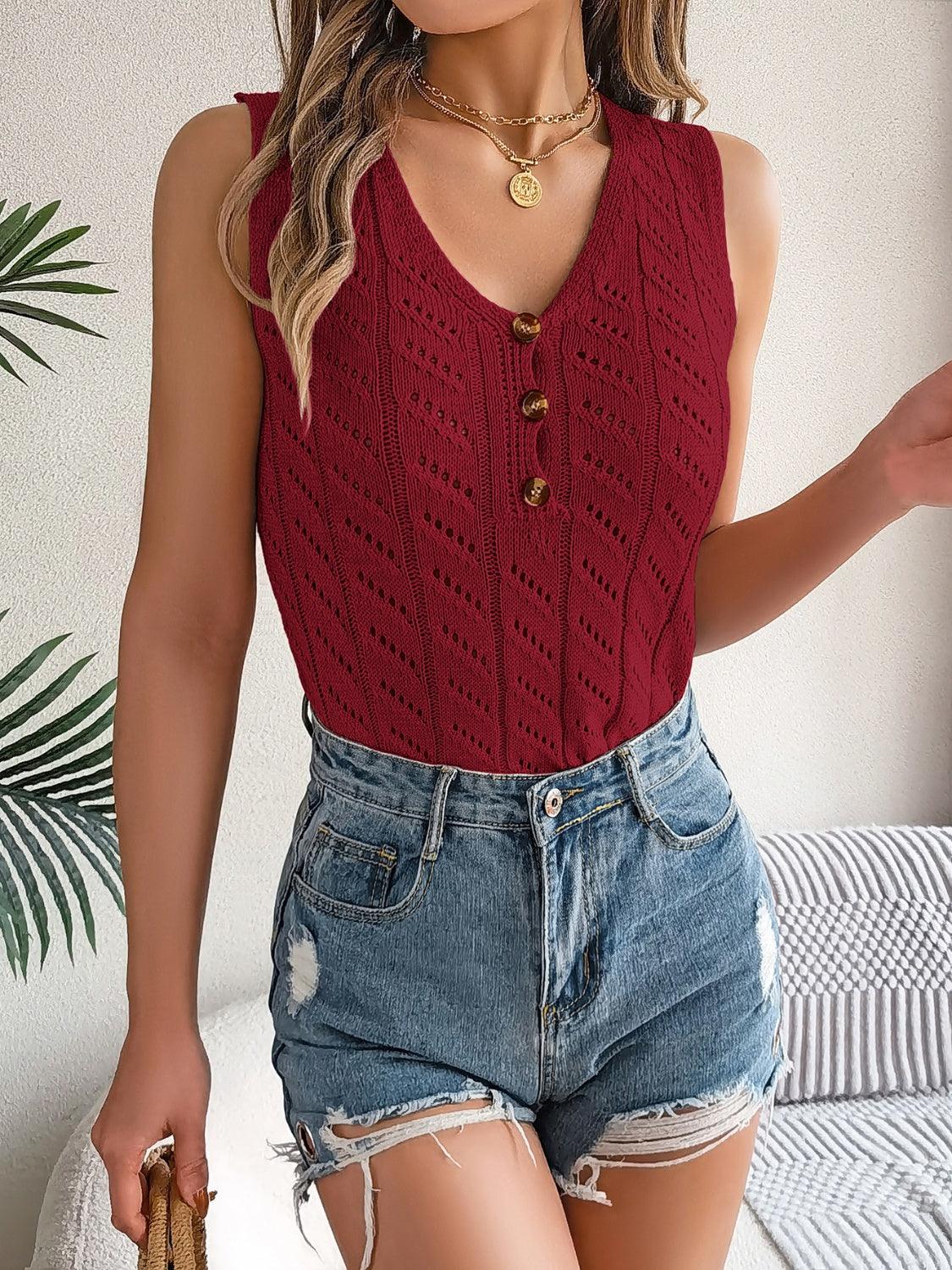 Bona Fide Fashion - Openwork V-Neck Knit Vest - Women Fashion - Bona Fide Fashion