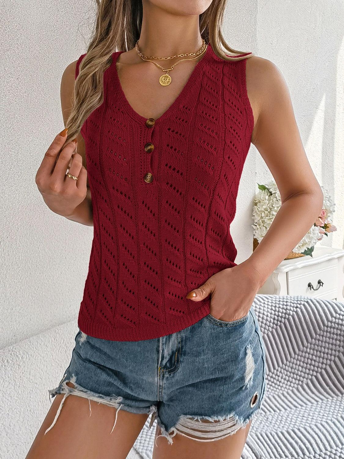 Bona Fide Fashion - Openwork V-Neck Knit Vest - Women Fashion - Bona Fide Fashion