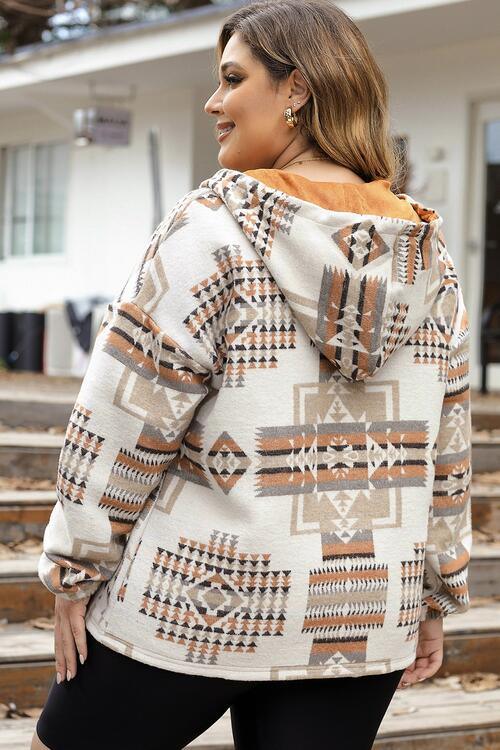 Bona Fide Fashion - Plus Size Geometric Print Kangaroo Pockets Hoodie - Women Fashion - Bona Fide Fashion