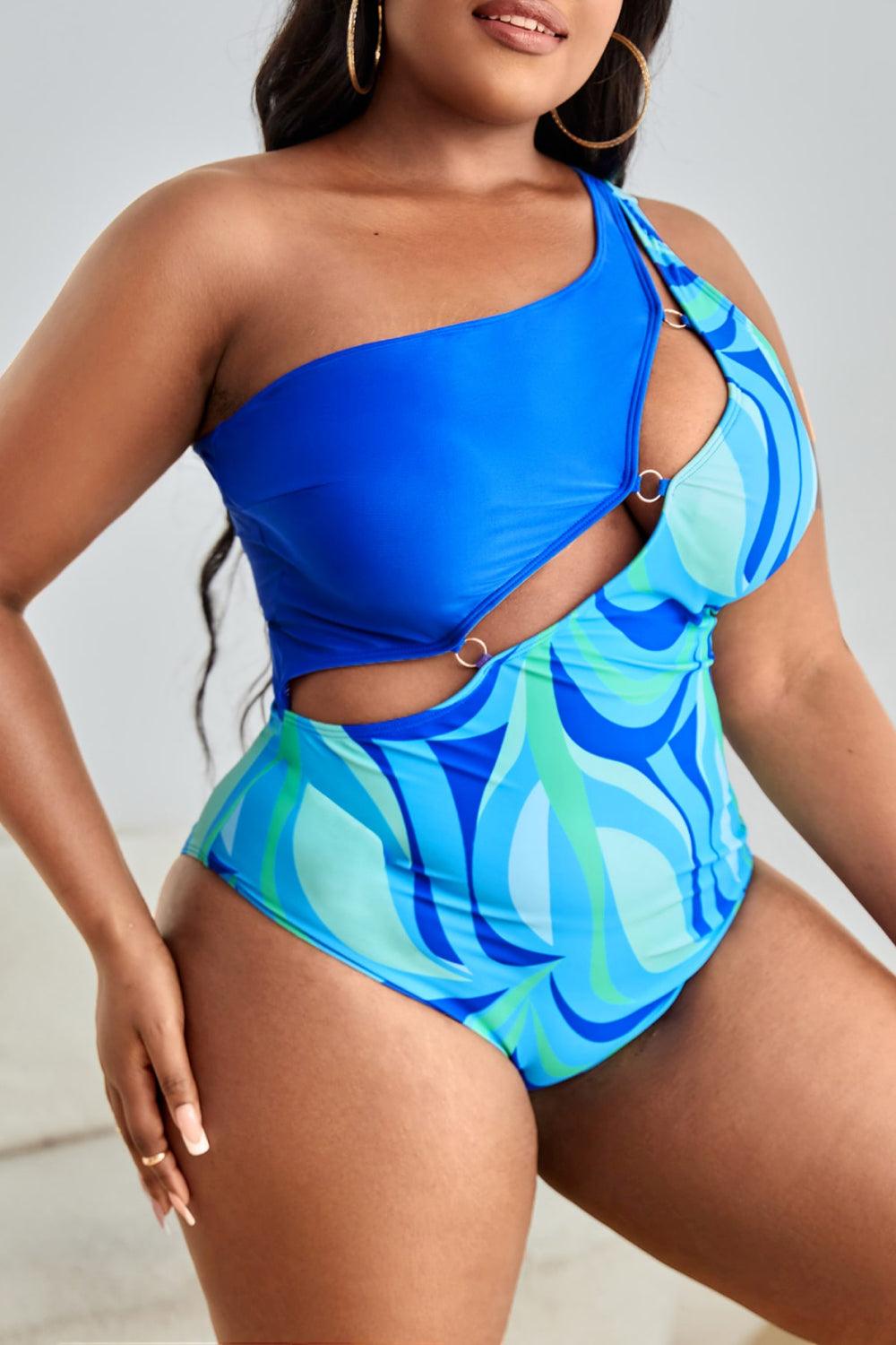 Bona Fide Fashion - Plus Size Printed Ring Detail One-Shoulder One-Piece Swimsuit - Women Fashion - Bona Fide Fashion