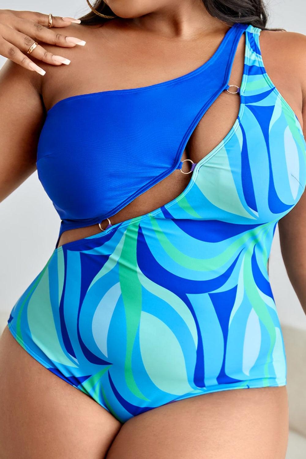 Bona Fide Fashion - Plus Size Printed Ring Detail One-Shoulder One-Piece Swimsuit - Women Fashion - Bona Fide Fashion