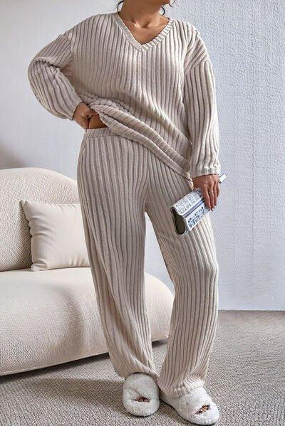 Bona Fide Fashion - Plus Size V-Neck Dropped Shoulder Top and Pants Set - Women Fashion - Bona Fide Fashion