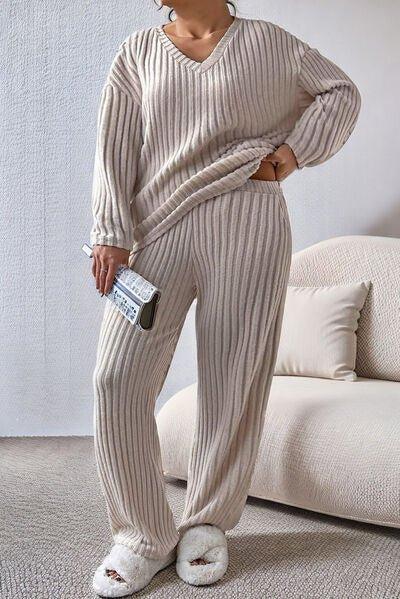 Bona Fide Fashion - Plus Size V-Neck Dropped Shoulder Top and Pants Set - Women Fashion - Bona Fide Fashion