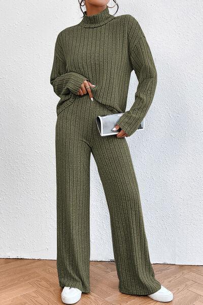 Bona Fide Fashion - Ribbed Mock Neck Top and Pants Set - Women Fashion - Bona Fide Fashion