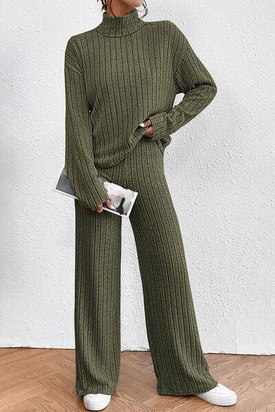 Bona Fide Fashion - Ribbed Mock Neck Top and Pants Set - Women Fashion - Bona Fide Fashion
