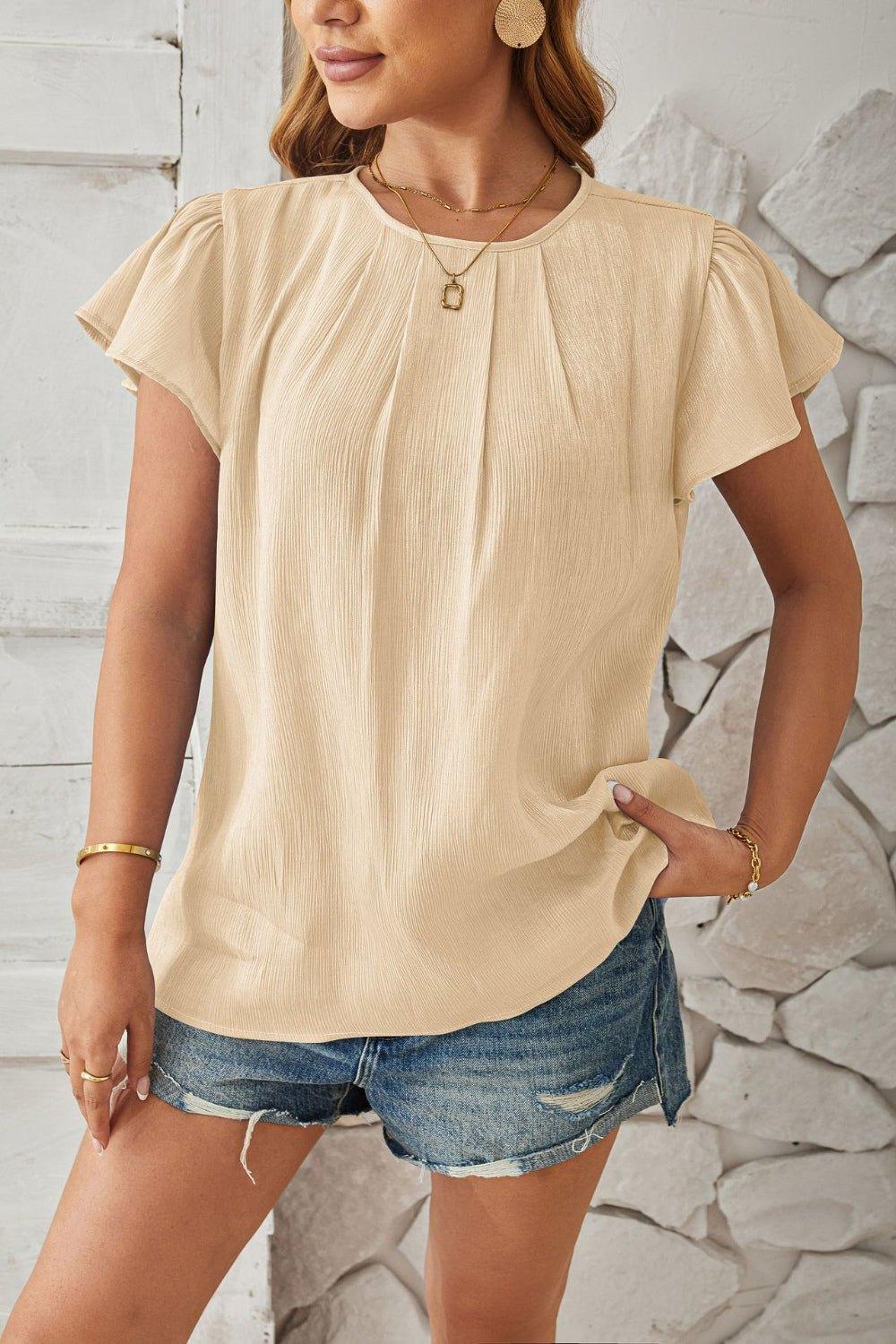 Bona Fide Fashion - Round Neck Keyhole Cap Sleeve T-Shirt - Women Fashion - Bona Fide Fashion