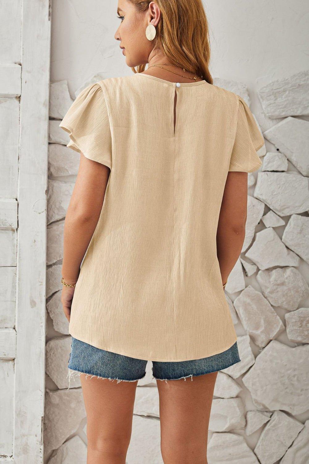 Bona Fide Fashion - Round Neck Keyhole Cap Sleeve T-Shirt - Women Fashion - Bona Fide Fashion