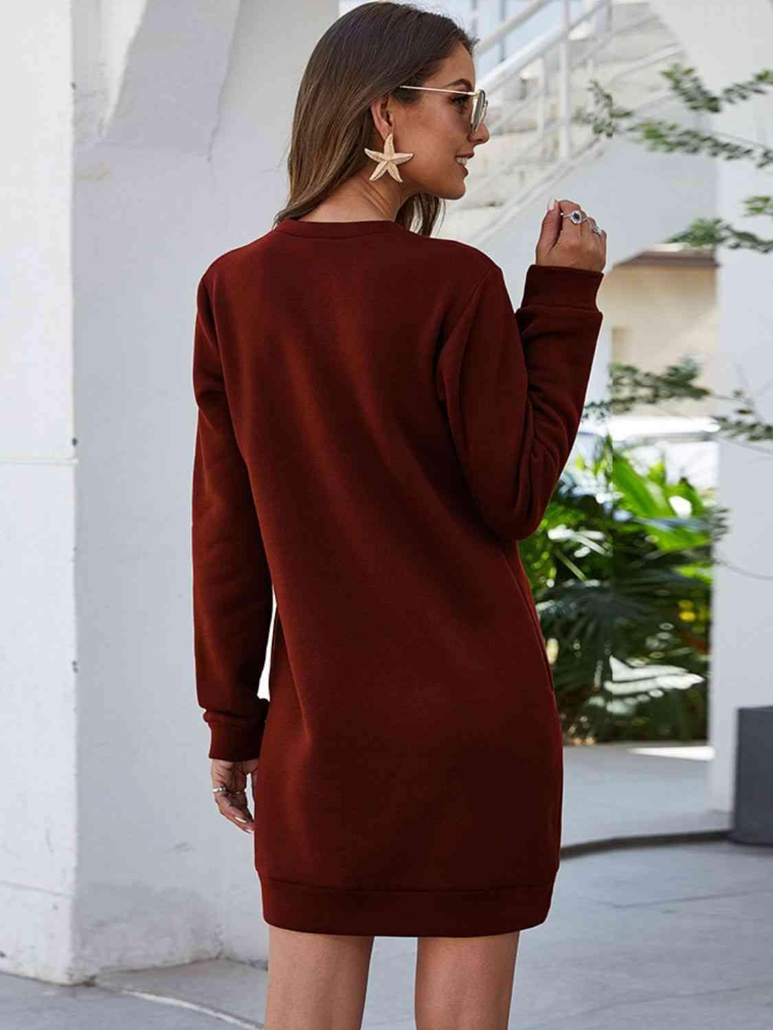 Bona Fide Fashion - Round Neck Long Sleeve Mini Dress with Pockets - Women Fashion - Bona Fide Fashion